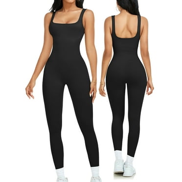 COOPLUS Women Athletic Jumpsuits Seamless Romper and Sleeveless Ribbed One-piece Square Neckline Unitard for Yoga Workout