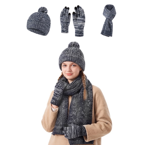 COOPLUS Women Winter 3‑Piece Knit Set Pom‑Pom Fleece Lined Beanie Long Scarf Touch Screen Gloves Warm Winter Accessories for Cold Weather