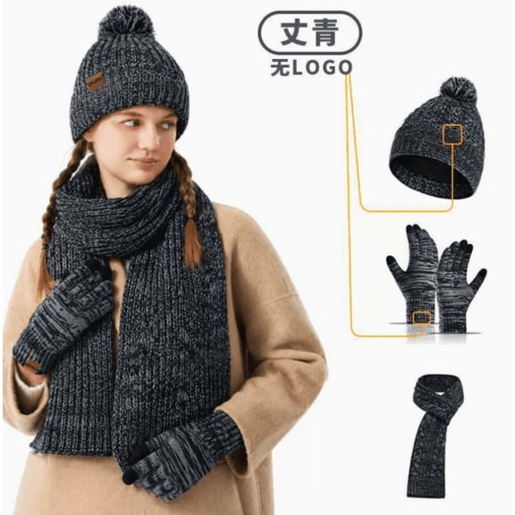 COOPLUS Women Winter 3‑Piece Knit Set Pom‑Pom Fleece Lined Beanie Long Scarf Touch Screen Gloves Warm Winter Accessories for Cold Weather