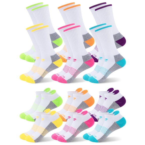 COOPLUS Womens Athletic Socks 12 Pairs (6 Ankle + 6 Crew), Soft Cushioned Moisture-Wicking Casual Socks