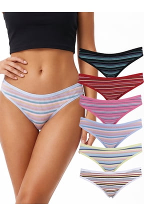 Womens Cotton Thong Underwear Striped Soft Stretch No Show Bikini Panties for Women 6 Pack