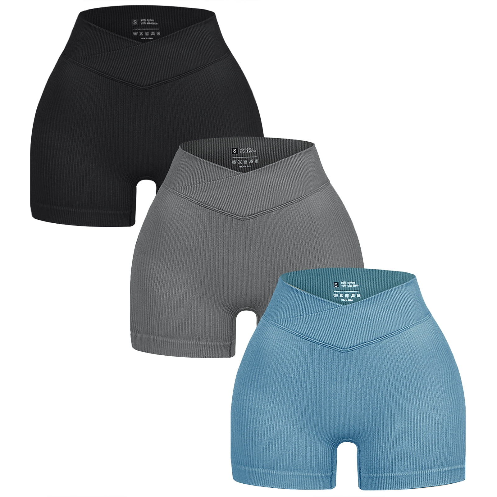COOPLUS Womens Cross Waist Workout Shorts High Waisted Tummy Control Running Yoga Shorts 3 Packs