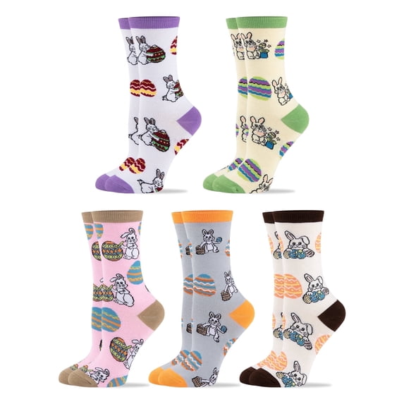 COOPLUS Womens Easter Socks Fun Multi-Colored Egg Pattern Crew Socks for Women Holiday Gifts 5 pairs