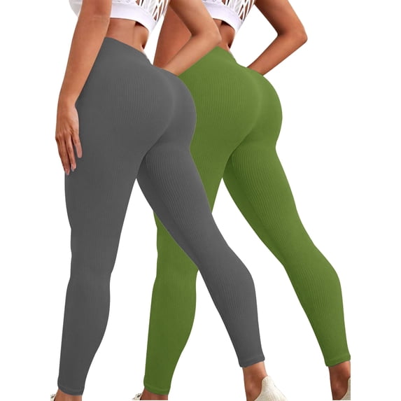 COOPLUS Womens Leggings Seamless Athletic High-waisted Yoga Elastic Pants Ribbed Cross Over Casual Leggings(Pack of 2)
