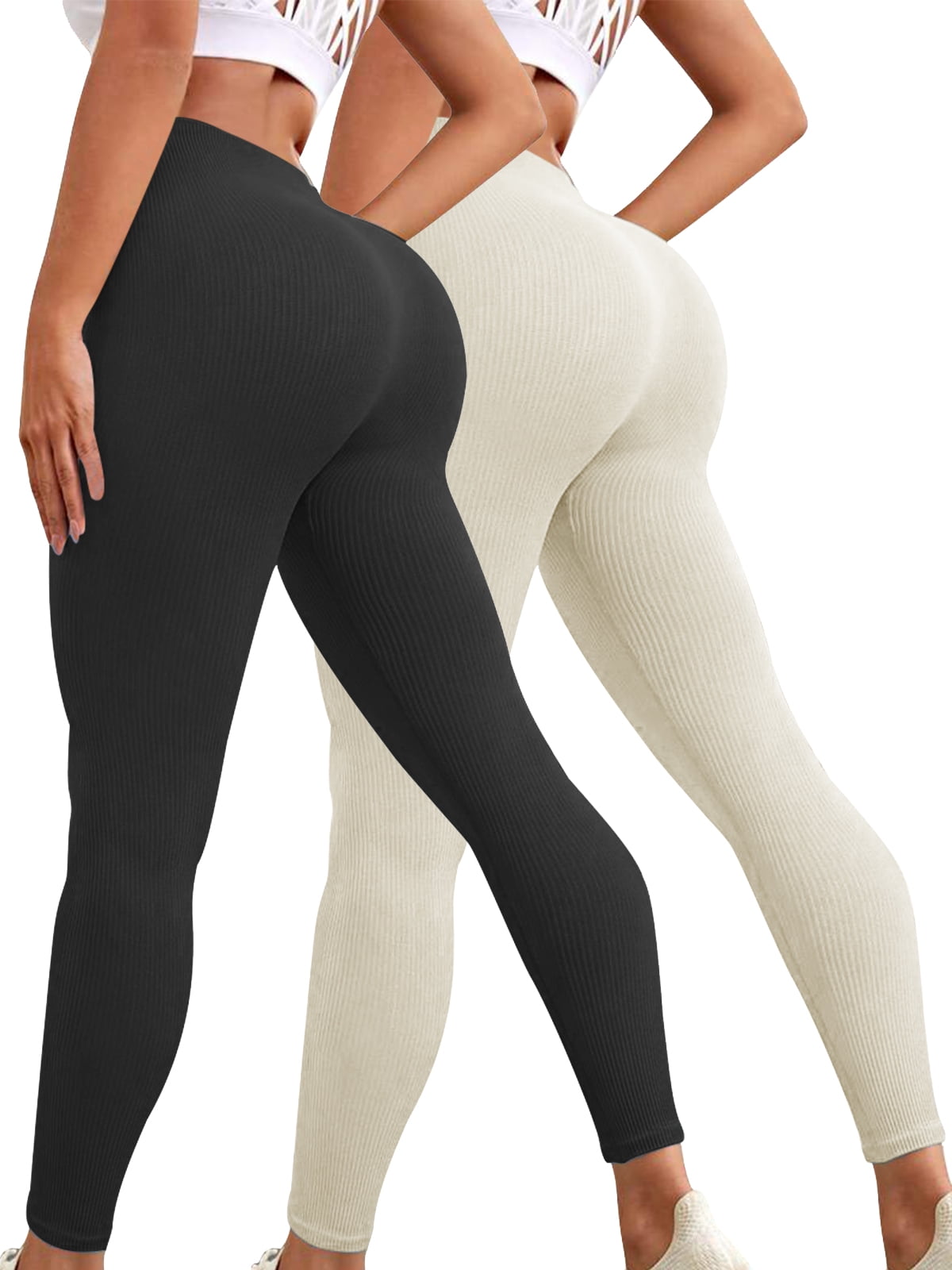 COOPLUS Womens Seamless Leggings Athletic High-waisted Yoga Elastic Pants Ribbed Cross Over Casual Leggings(Pack of 2)