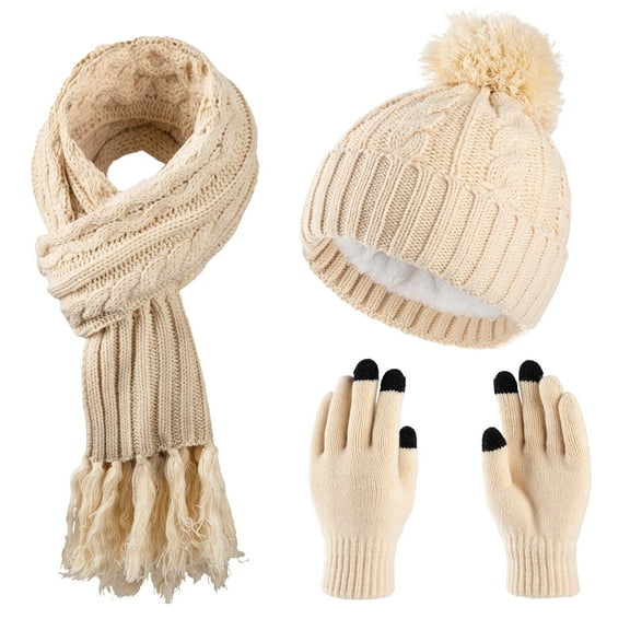 COOPLUS Womens Winter Beanie Hat Scarf Gloves Set Warm Lined Cap Long Neck Scarf Touchscreen Gloves Set for Winter Gift