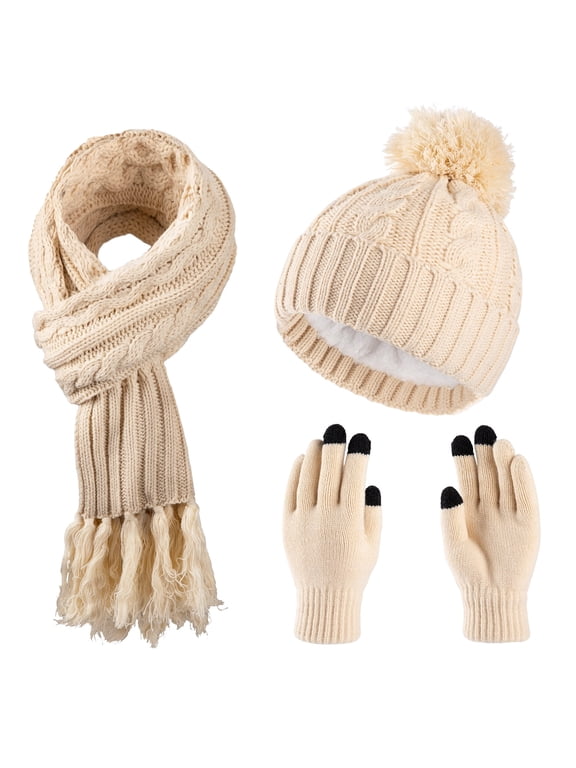 Womens Winter Beanie Hat Scarf Gloves Set Warm Lined Cap Long Neck Scarf Touchscreen Gloves Set for Winter Gift