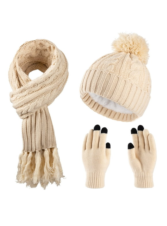 Womens Winter Beanie Hat Scarf Gloves Set Warm Lined Cap Long Neck Scarf Touchscreen Gloves Set for Winter Gift