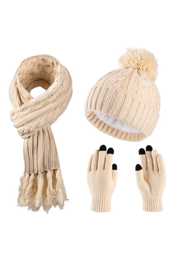 Womens Winter Beanie Hat Scarf Gloves Set Warm Lined Cap Long Neck Scarf Touchscreen Gloves Set for Winter Gift