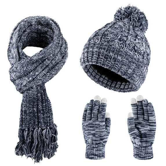 COOPLUS Womens Winter Beanie Hat Scarf Gloves Set Warm Lined Cap Long Neck Scarf Touchscreen Gloves Set for Winter Gift