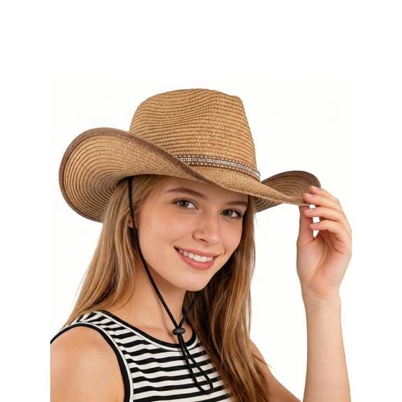 COOPLUS Womens Western Cowboy Hat Foldable Wide Brim summer Sun Hat with Decorative Band for women