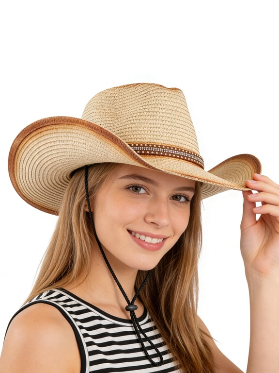Womens Western Cowboy Hat Foldable Wide Brim summer Sun Hat with Decorative Band for women