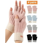 COOPLUS 4 Pairs Women's Winter Fingerless Gloves Warm Knitted Thermal Stretchy Half Finger Mittens for Cold Weather