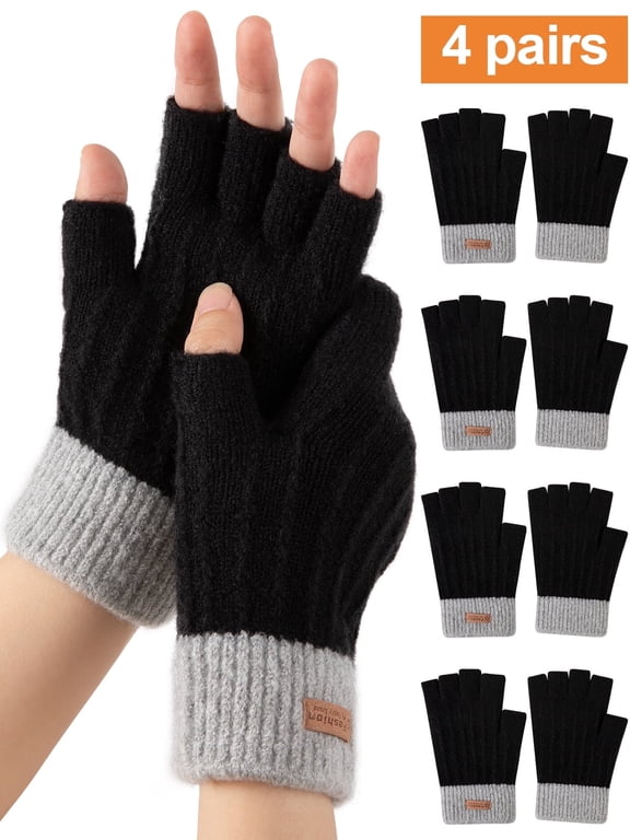 4 Pairs Women's Winter Fingerless Gloves Warm Knitted Thermal Stretchy Half Finger Mittens for Cold Weather