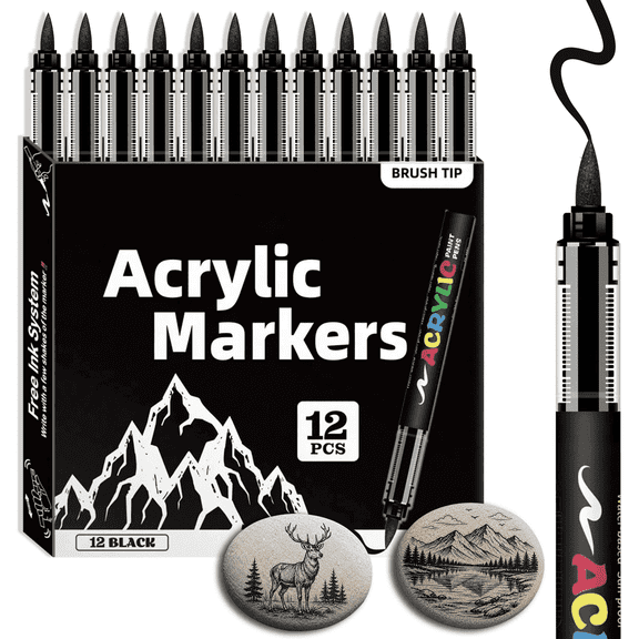 COORIART 12 Black Acrylic Paint Markers, Soft Brush Tip Pens, Automatic Ink Control No Bleed Markers Set for Wood, Stone, Canvas, Glass, Fabric, Egg, Rock Painting and DIY