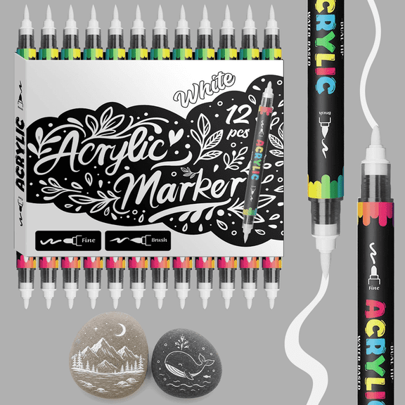 COORIART 12 Dual Tip White Colors Acrylic Paint Markers, Soft Brush Tip Pens, Automatic Ink Control No Bleed Markers Set for Wood, Stone, Canvas, Glass, Fabric, Egg, Rock Painting and DIY
