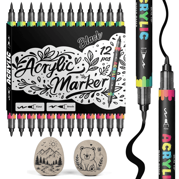 COORIART 12 Dual-tip Black Colors Acrylic Paint Markers, Soft Brush Tip Pens, Automatic Ink Control No Bleed Markers Set for Wood, Stone, Canvas, Glass, Fabric, Egg, Rock Painting and DIY