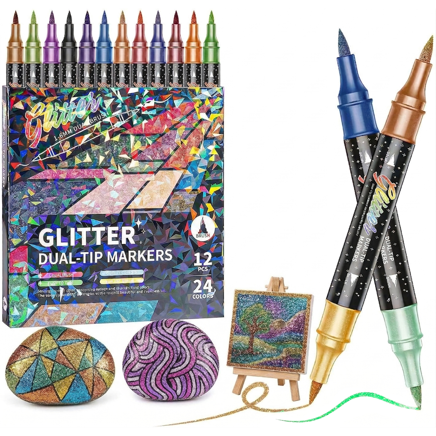 COORIART 12 PCS Dual Tip Glitter Brush Markers Pens, 24 Colors Metallic Sparkle Markers for  Doodle Writing, Coloring Books, Journals, Planners, Scrapbooking, Card Making and DIY Crafts