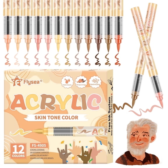 COORIART 12 Skin Tone Colors Acrylic Paint Markers, Soft Brush Tip Pens, Automatic Ink Control No Bleed Markers for Wood, Stone, Canvas, Glass, Fabric, Egg, Rock Painting and DIY