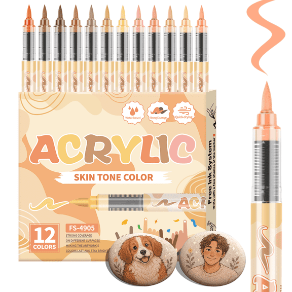 COORIART 12 Skin Tone Acrylic Paint Markers, Soft Brush Tip Pens, Automatic Ink Control No Bleed Markers for Wood, Stone, Canvas, Glass, Fabric, Egg, Rock Painting and DIY