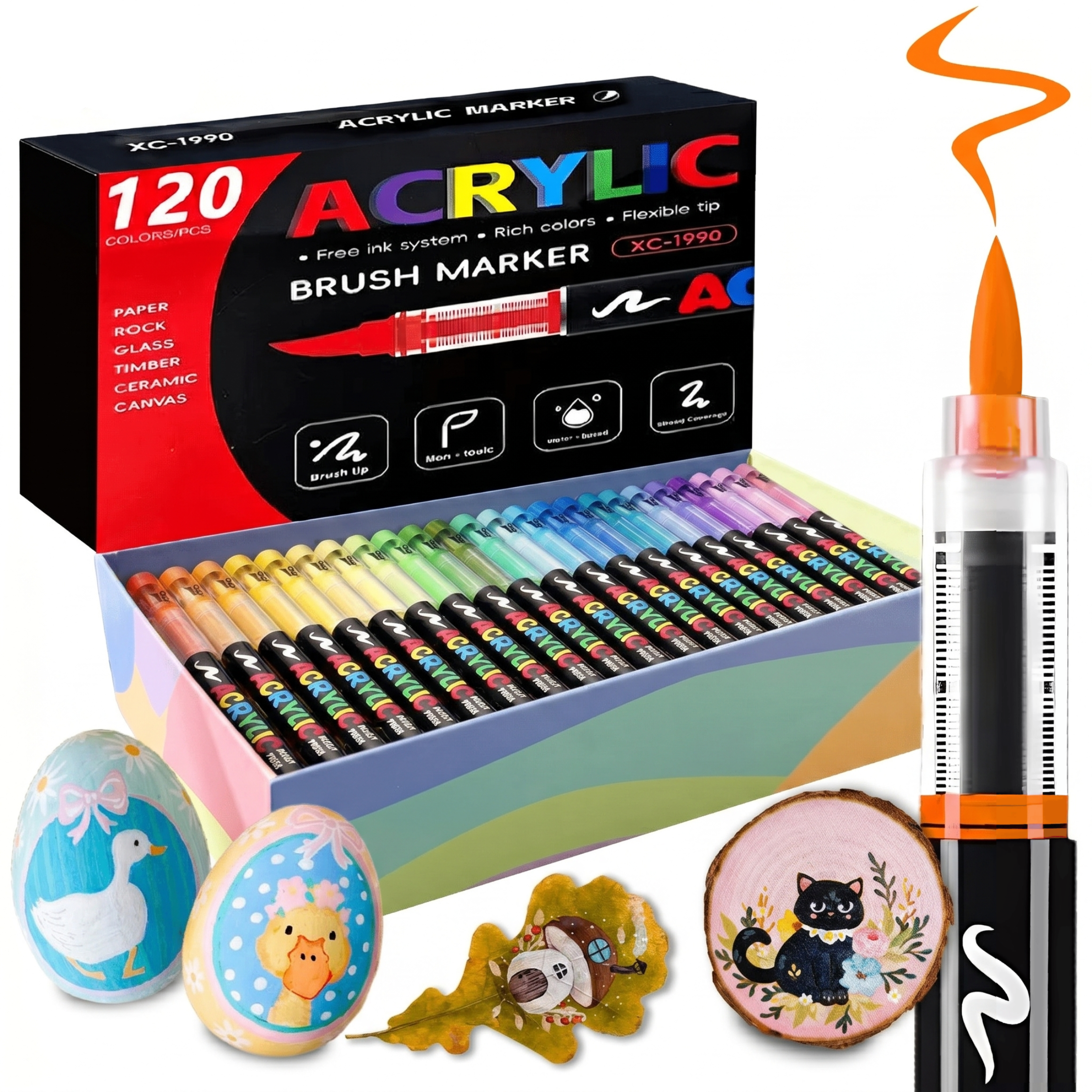 COORIART 120 Colors Acrylic Paint Markers, Soft Brush Tip Pens, Automatic Ink Control No Bleed Markers Set for Wood, Stone, Canvas, Glass, Fabric, Egg, Rock Painting and DIY