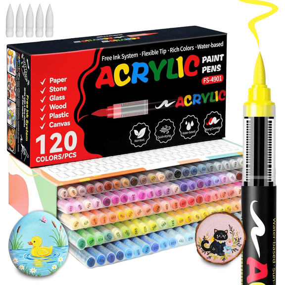 COORIART 120 Colors Acrylic Paint Markers, Soft Brush Tip Pens, Automatic Ink Control No Bleed Markers Set for Wood, Stone, Canvas, Glass, Fabric, Egg, Rock Painting and DIY