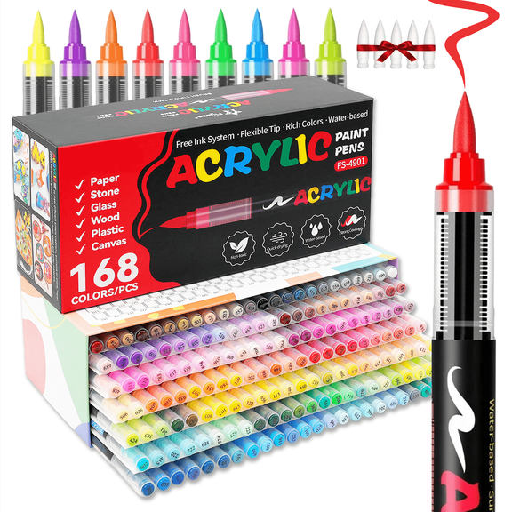 COORIART 168 Colors Acrylic Paint Markers, Soft Brush Tip Pens, Automatic Ink Control No Bleed Markers Set for Wood, Stone, Canvas, Glass, Fabric, Egg, Rock Painting and DIY