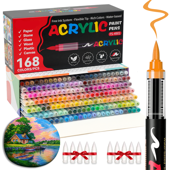 COORIART 168 Colors Acrylic Paint Markers, Soft Brush Tip Pens, Automatic Ink Control No Bleed Markers Set for Wood, Stone, Canvas, Glass, Fabric, Egg, Rock Painting and DIY