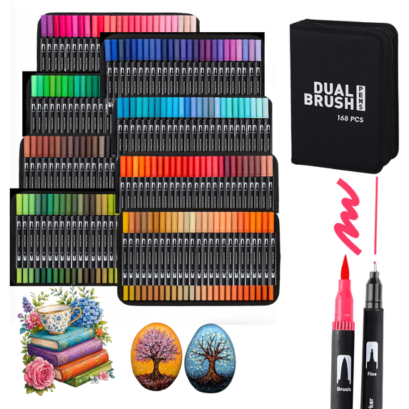 COORIART 168 Colors Dual Tip Art Marker Pens, Coloring Markers Set with Brush & Fine Tip for Adult Coloring Books No Bleeding, Professional Calligraphy & Drawing Art Supplies Kit