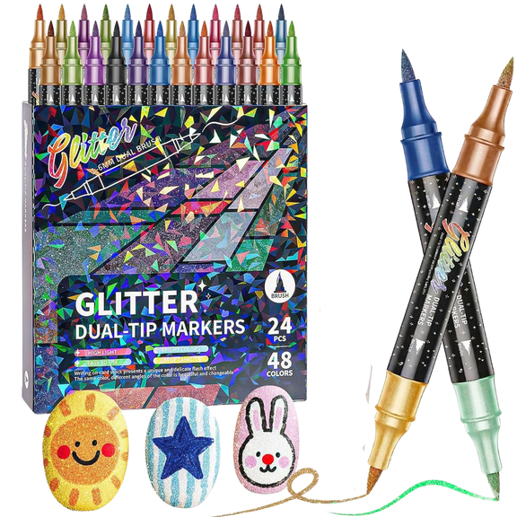 COORIART 24 PCS Dual Tip Glitter Brush Markers Pens, 48 Colors Metallic Sparkle Markers for Doodle Writing, Coloring Books, Journals, Planners, Scrapbooking, Card Making and DIY Crafts