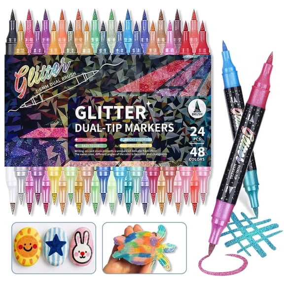 COORIART 24 PCS Dual Tip Glitter Brush Markers Pens, 48 Colors Metallic Sparkle Markers for Doodle Writing, Coloring Books, Journals, Planners, Scrapbooking, Card Making and DIY Crafts