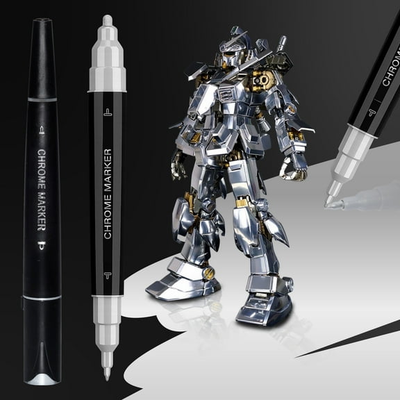 COORIART 2PK Dual Tip Liquid Chrome Marker, Permanent Mirror Chrome Paint Pen for Plastic, Metal, Model Painting, Touch Up & Repair Kit, 2 Tips (0.7mm & 3mm Reversible Tip)