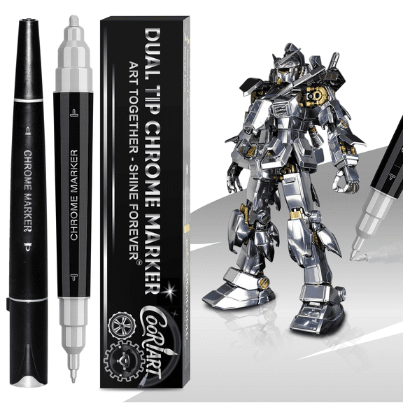 COORIART 2PK Dual Tip Liquid Chrome Marker, Permanent Mirror Chrome Paint Pen for Plastic, Metal, Model Painting, Touch Up & Repair Kit, 2 Tips (0.7mm & 3mm Reversible Tip)