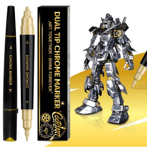 COORIART 2PK Dual Tip Permanent Mirror Chrome Gold Marker – Metallic Gold Paint Pen for Metal, Plastic, Fabric, Jewelry, Model Painting, Touch-Up & Repair Kit, 2 Tips (0.7mm & 3mm Reversible Tip)