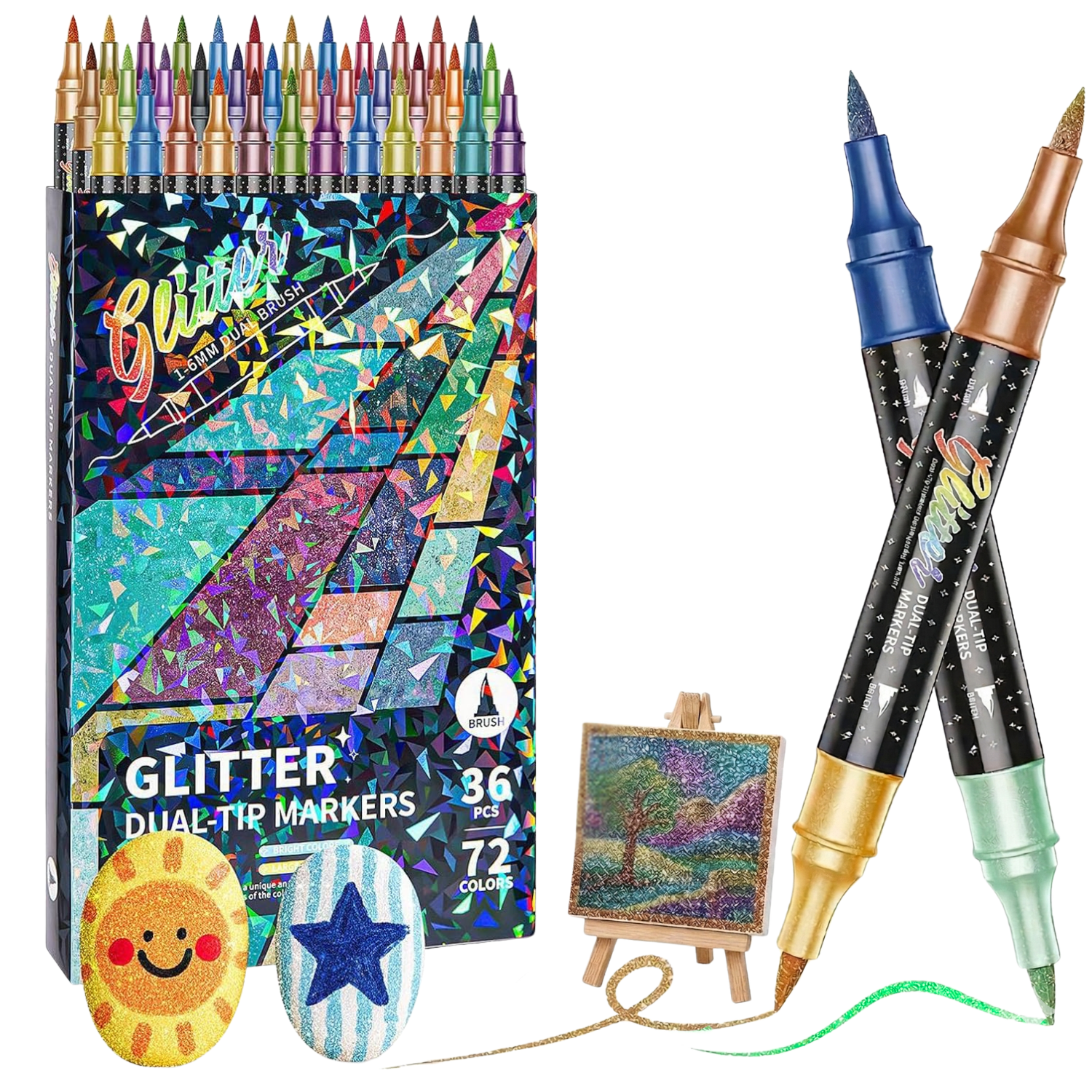 COORIART 36 PCS Dual Tip Glitter Brush Markers Pens, 72 Colors Metallic Sparkle Markers for  Doodle Writing, Coloring Books, Journals, Planners, Scrapbooking, Card Making and DIY Crafts
