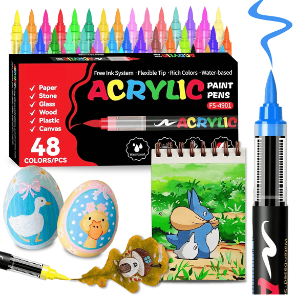COORIART 48 Colors Acrylic Paint Markers, Soft Brush Tip Pens, Automatic Ink Control No Bleed Markers Set for Wood, Stone, Canvas, Glass, Fabric, Egg, Rock Painting and DIY