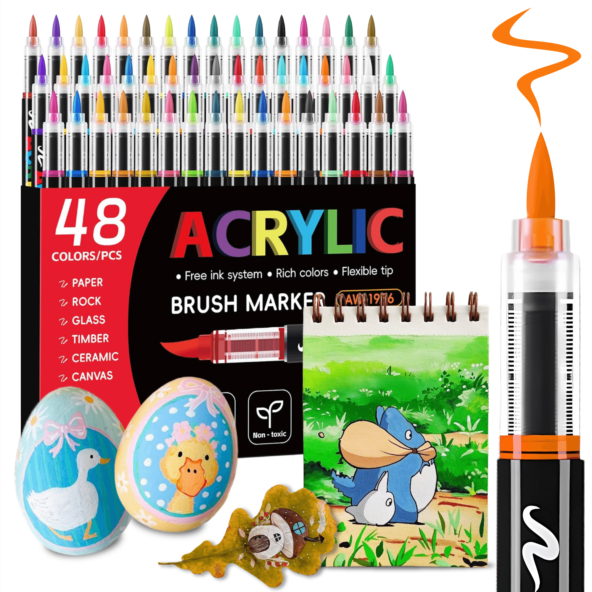 COORIART 48 Colors Acrylic Paint Markers, Soft Brush Tip Pens, Automatic Ink Control No Bleed Markers Set for Wood, Stone, Canvas, Glass, Fabric, Egg, Rock Painting and DIY