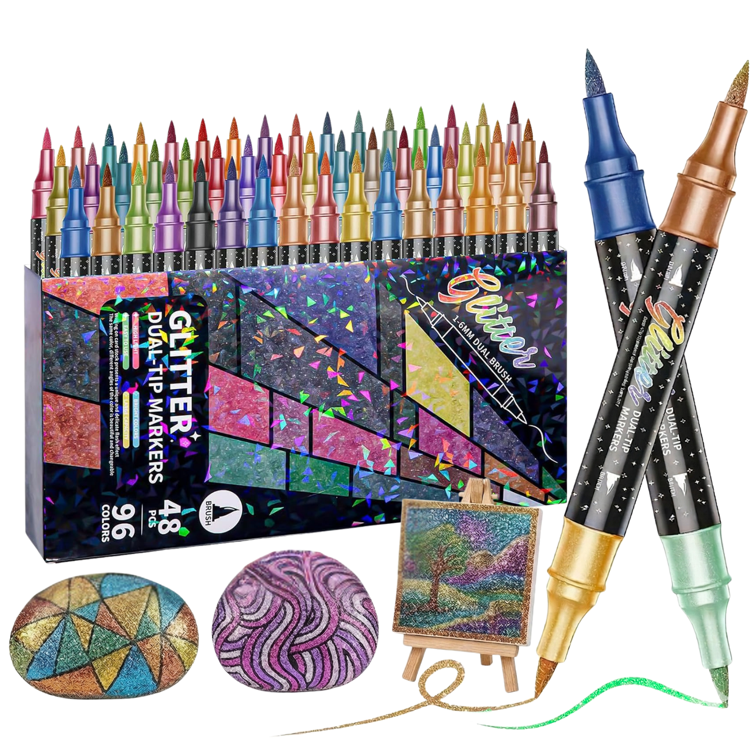 COORIART 48 PCS Dual Tip Glitter Brush Markers Pens, 96 Colors Metallic Sparkle Markers for  Doodle Writing, Coloring Books, Journals, Planners, Scrapbooking, Card Making and DIY Crafts