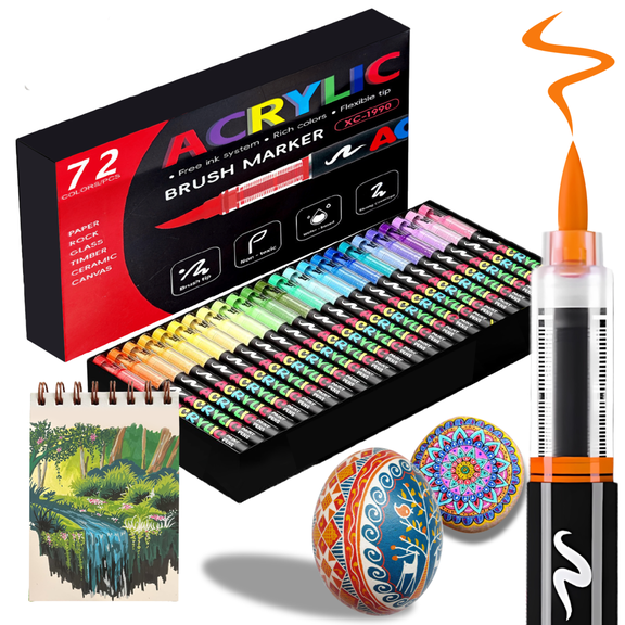 COORIART 72 Colors Acrylic Paint Markers, Soft Brush Tip Pens, Automatic Ink Control No Bleed Markers Set for Wood, Stone, Canvas, Glass, Fabric, Egg, Rock Painting and DIY