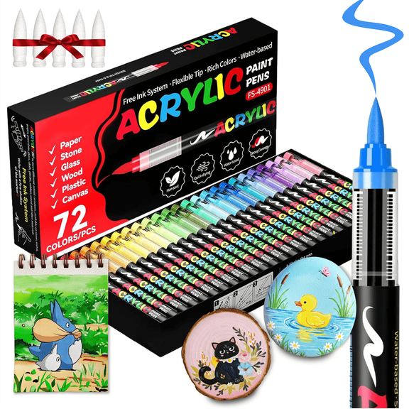 COORIART 72 Colors Acrylic Paint Markers, Soft Brush Tip Pens, Automatic Ink Control No Bleed Markers Set for Wood, Stone, Canvas, Glass, Fabric, Egg, Rock Painting and DIY