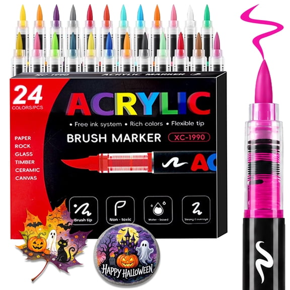 COORIART 24 Colors Acrylic Paint Markers Set, Soft Brush Tip Pens