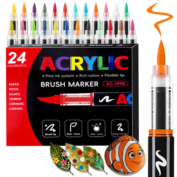 COORIART Acrylic Paint Markers, Soft Brush Tip Pens, Automatic Ink Control No Bleed Markers Set for Wood, Stone, Canvas, Glass, Fabric, Egg, Rock Painting and DIY