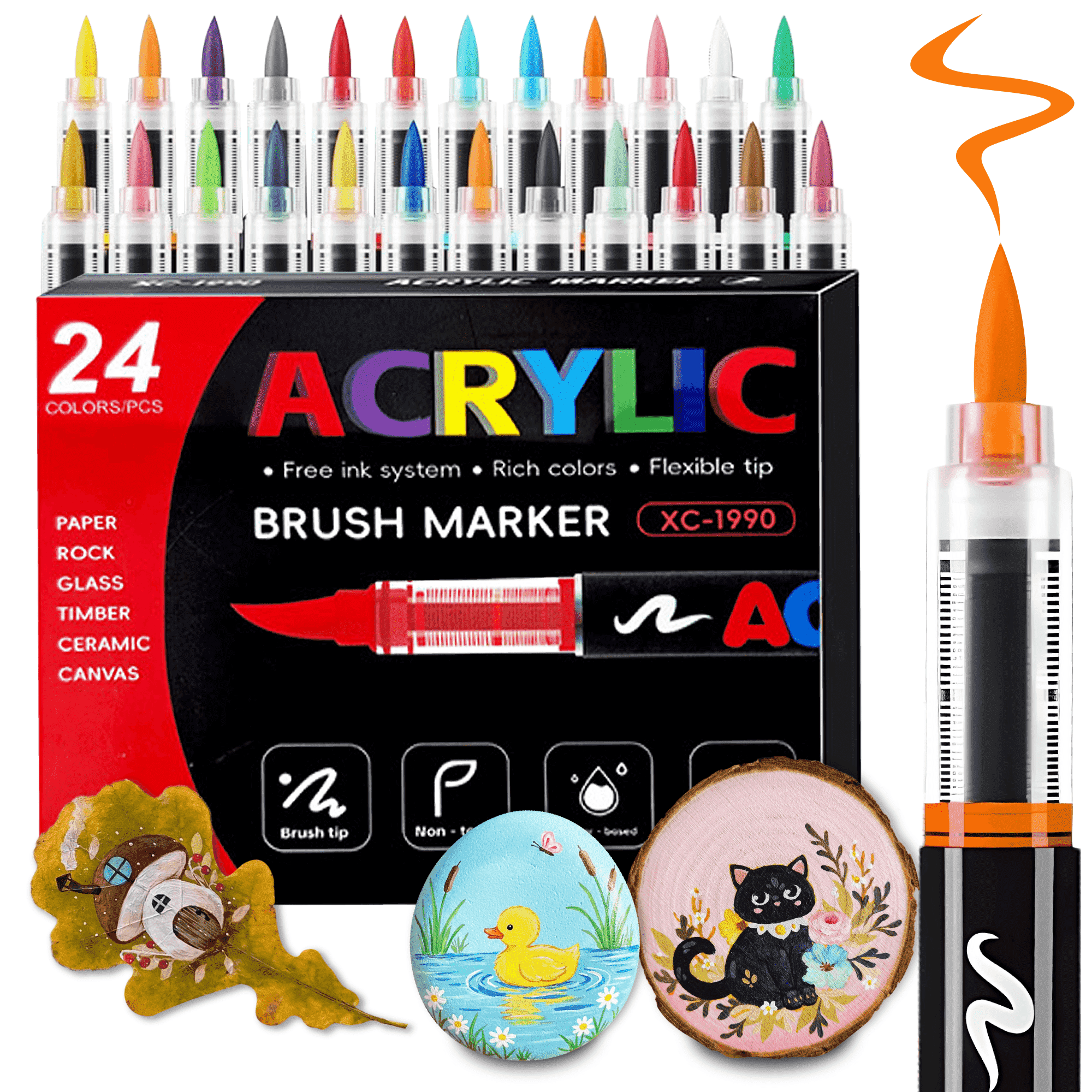 COORIART Acrylic Paint Markers, Soft Brush Tip Pens, Automatic Ink Control No Bleed Markers Set for Wood, Stone, Canvas, Glass, Fabric, Egg, Rock Painting and DIY