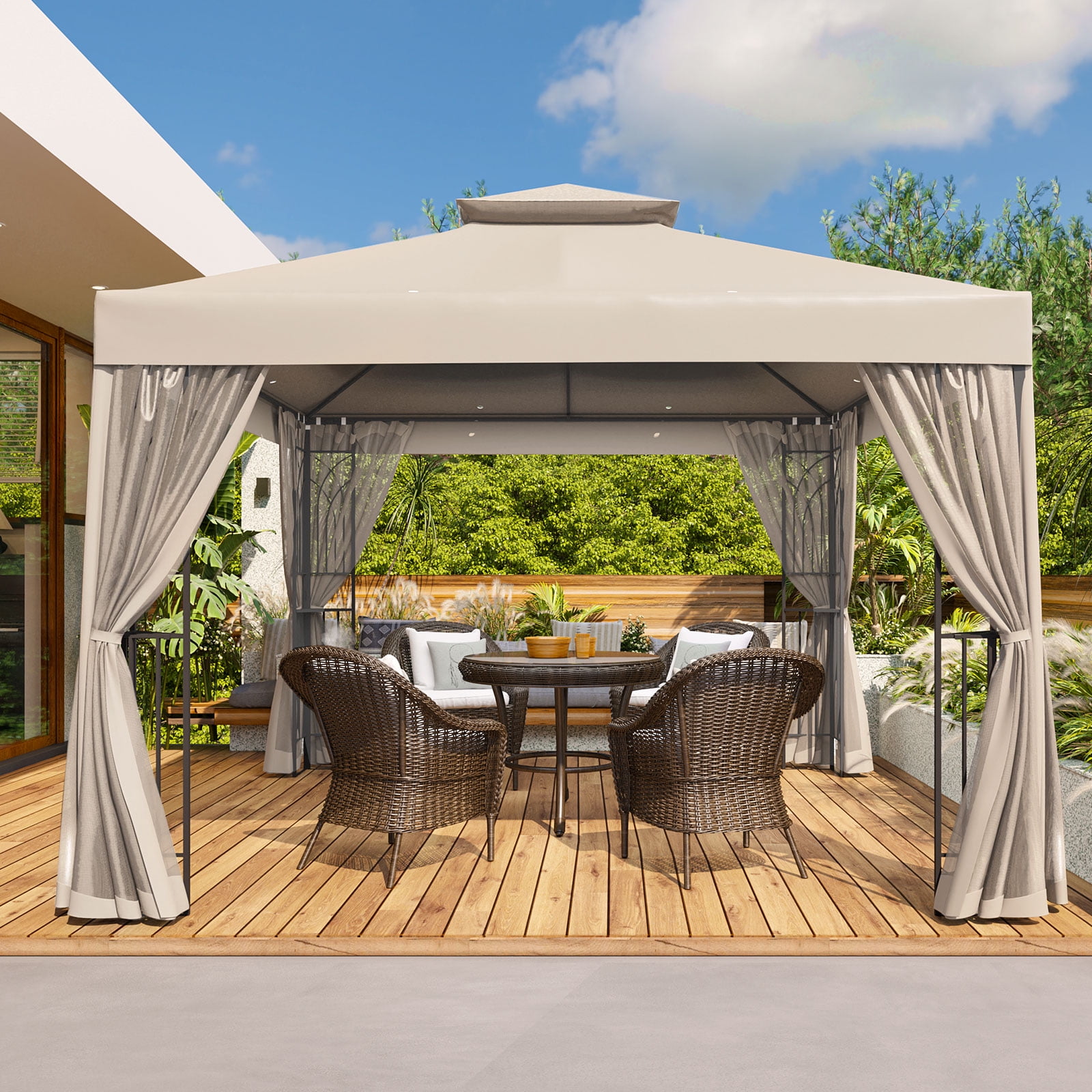 COOS BAY 10x10 Outdoor Patio Gazebo with Mosquito Netting and Corner Shelves, Two-Tier Soft Top Canopy for Backyard, Lawn, Deck and Garden, Beige