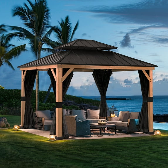 COOS BAY 11 ft. x 13 ft. Wooden Frame Black Hard Top Double Roof Gazebo with Ceiling Hook, Mosquito Netting for Patios, Gardens, Lawns, and Backyards