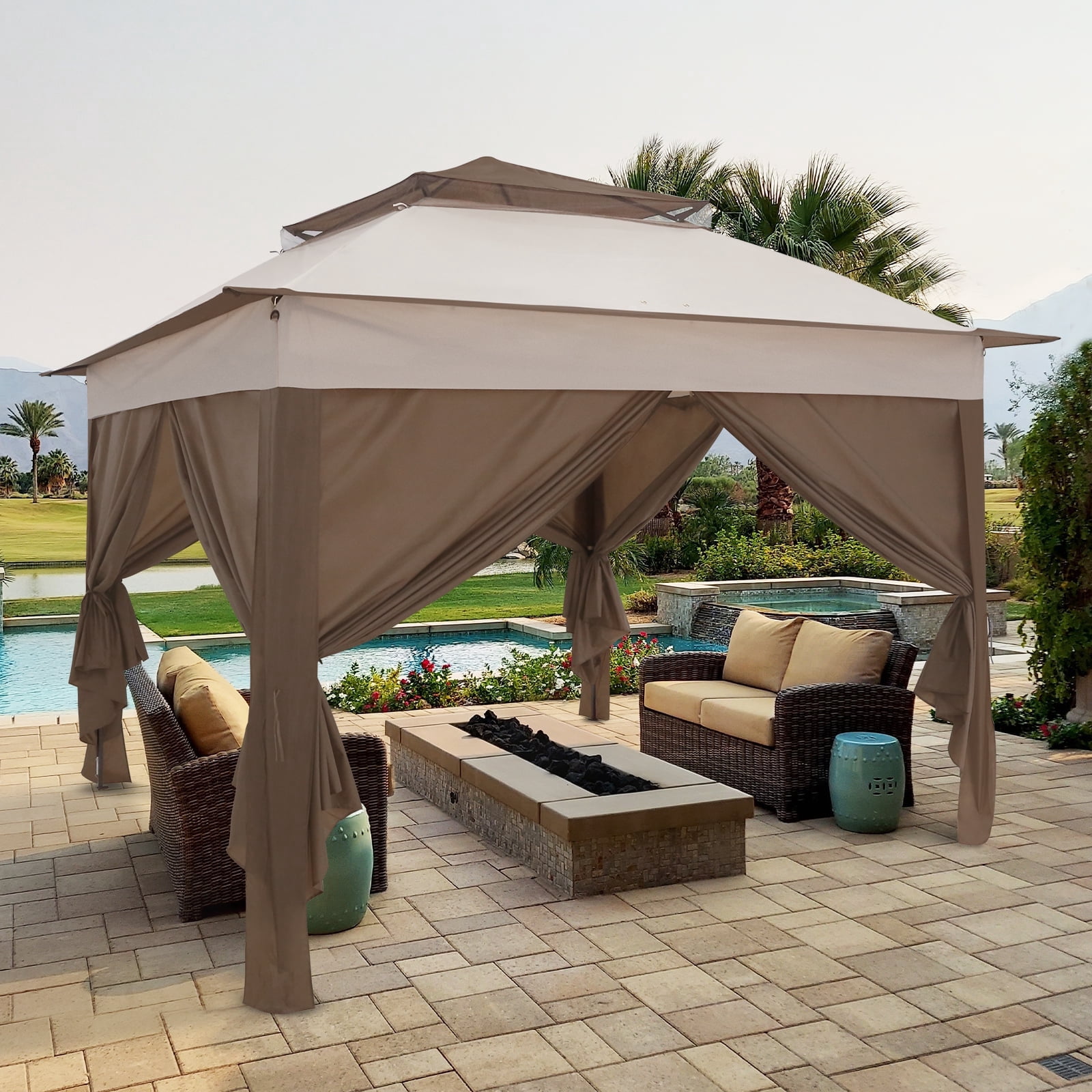 COOS BAY 11x11 Pop-up Instant Gazebo Tent with 4 Sidewalls Outdoor Canopy Shelter,Beige
