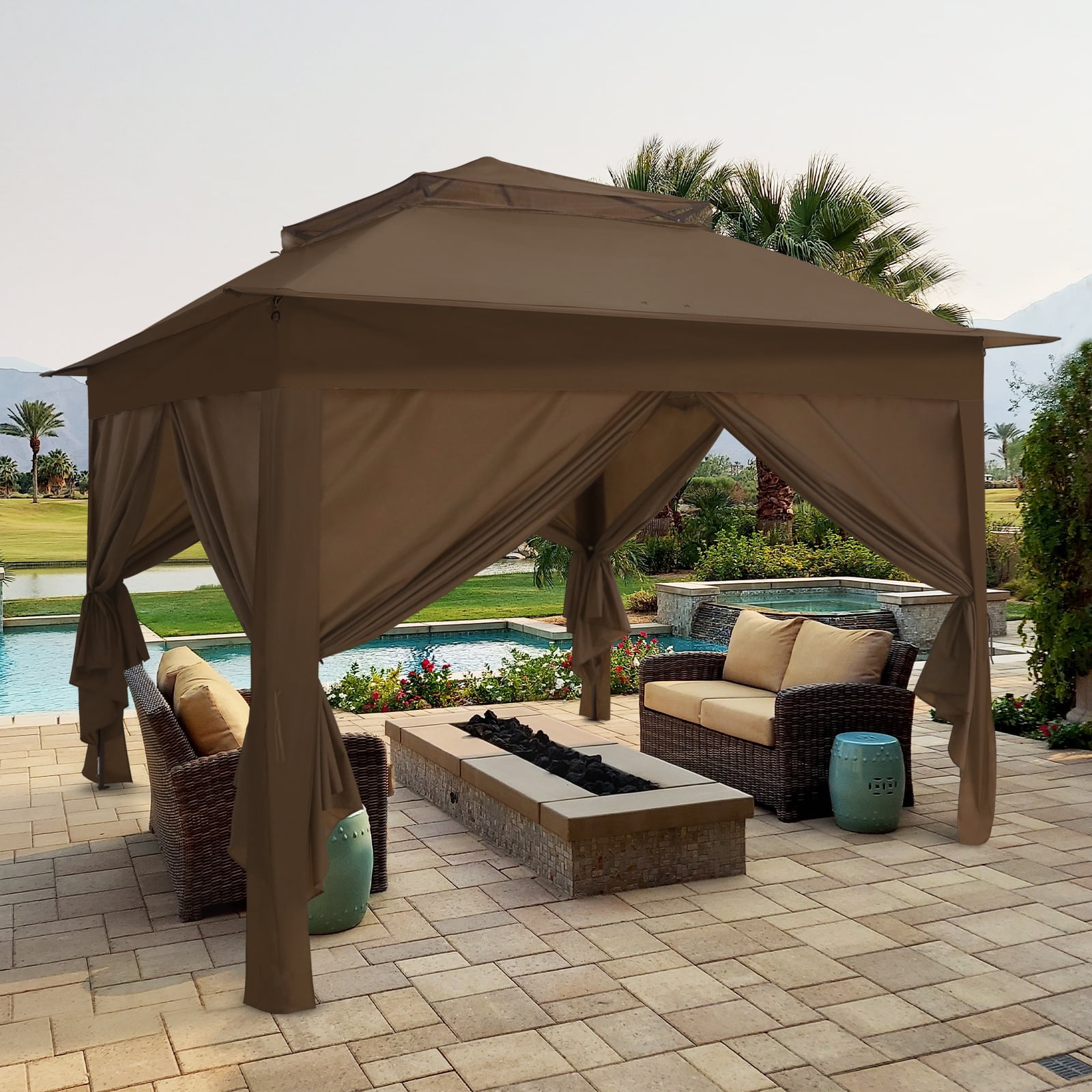 Brown 11x11 Steel Frame Patio Gazebo with Sidewalls