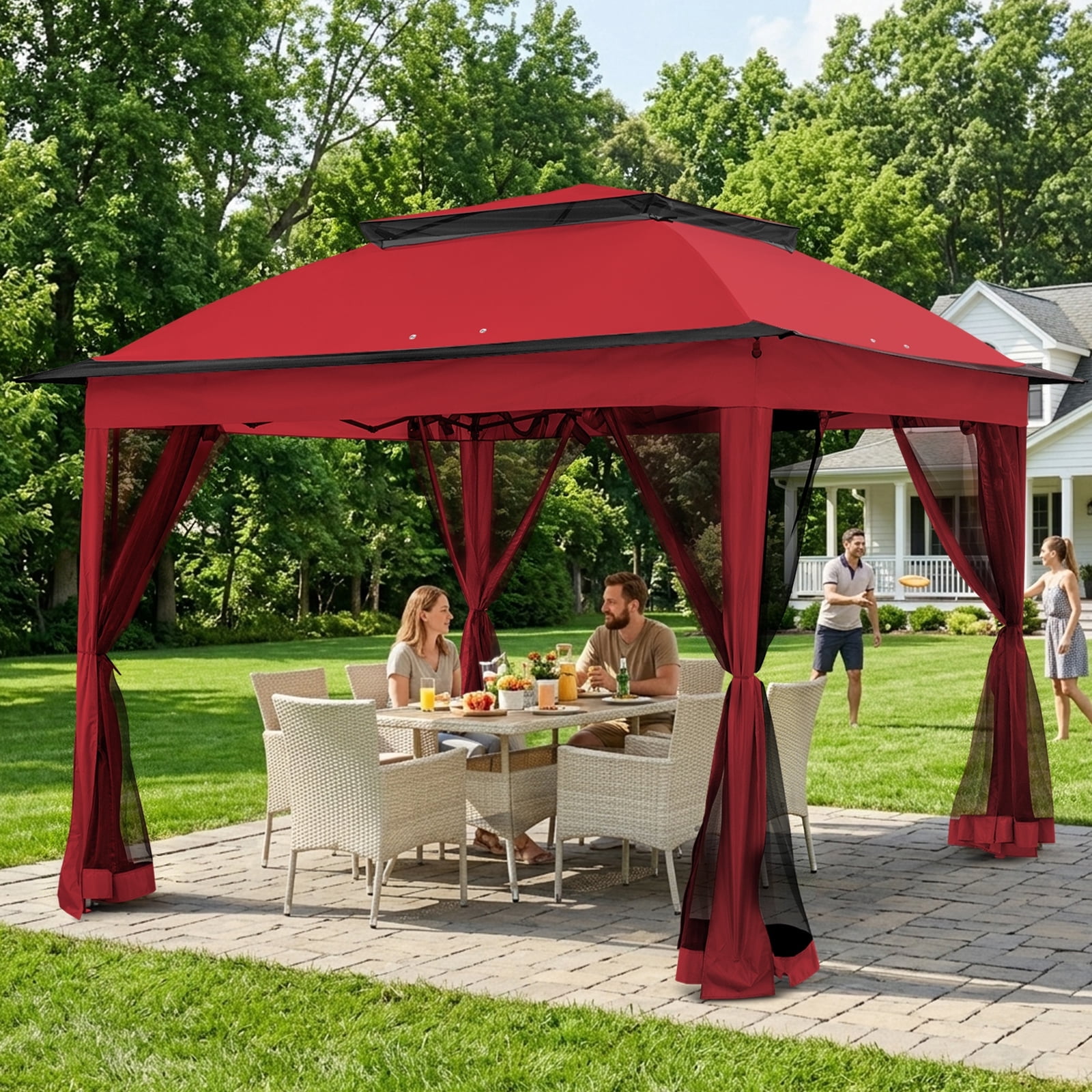 COOS BAY 11x11 Pop-Up Instant Gazebo Tent with Mosquito Netting Outdoor Canopy Shelter with 121 Square Feet of Shade, Red