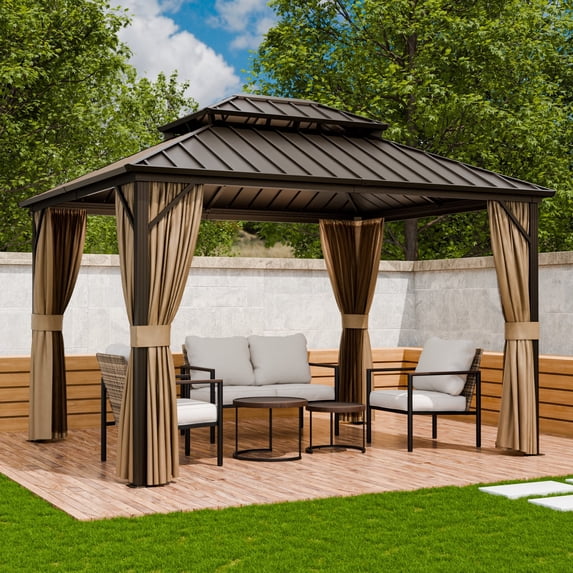 COOS BAY 12x10 Hardtop Gazebo with Aluminum Frame, Galvanized Steel Double Roof Outdoor Pavilion with Netting and Curtains, Dark Brown/Tan