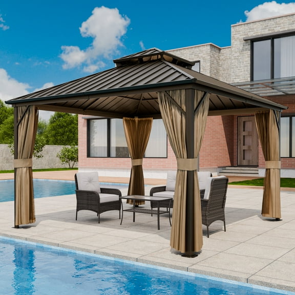 COOS BAY 12x12 Hardtop Gazebo with Aluminum Frame, Galvanized Steel Double Roof Outdoor Pavilion with Netting and Curtains, Dark Brown/Tan